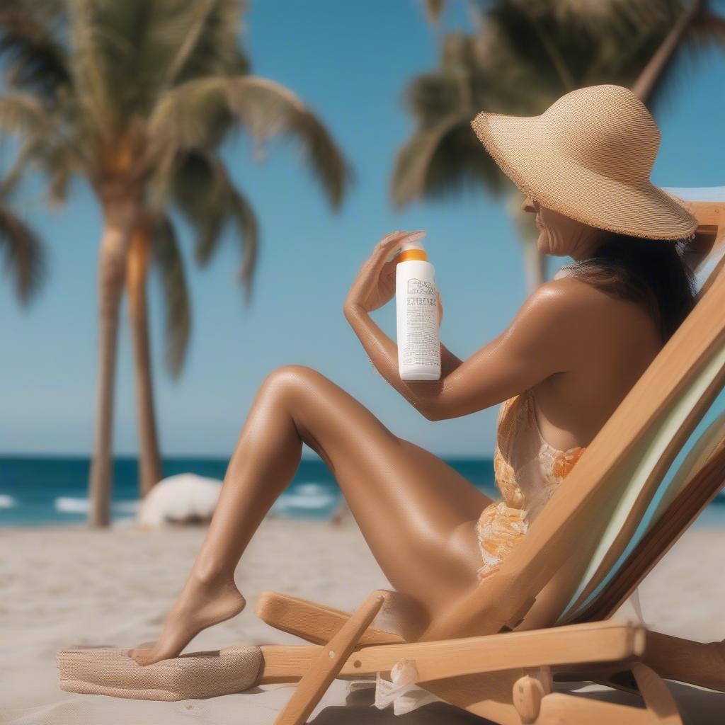 A woman applying sun UV 2 in 1 spray to her legs while sitting on a beach chair.