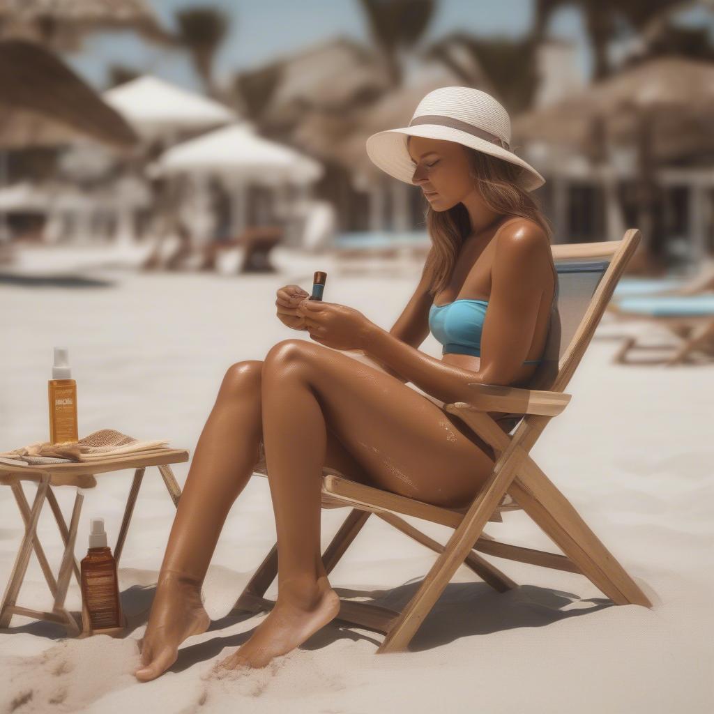 Woman applying suntan oil with bronzer on her legs