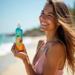 Woman Applying Tropical Scented Sunscreen at the Beach