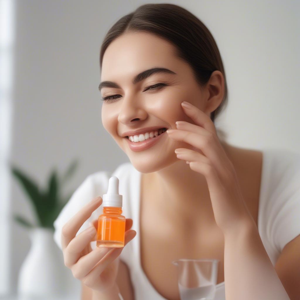 A woman applying vitamin C serum to her face using a dropper.