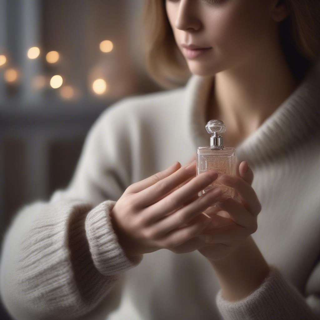 A woman applying perfume to her wrist in a cozy winter setting.