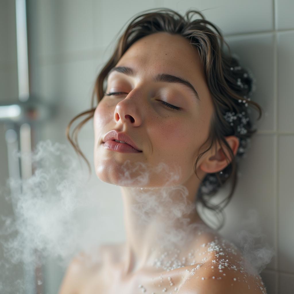 Woman enjoying a shower with a sinus shower bomb