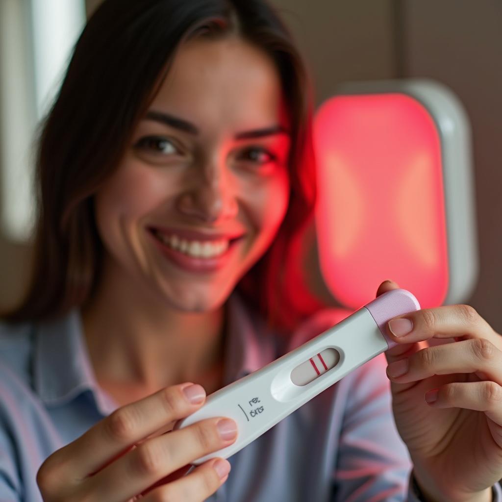 Woman Holding Positive Pregnancy Test After Red Light Therapy