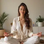 A woman meditating with crystals, enhancing her bask skin care ritual.