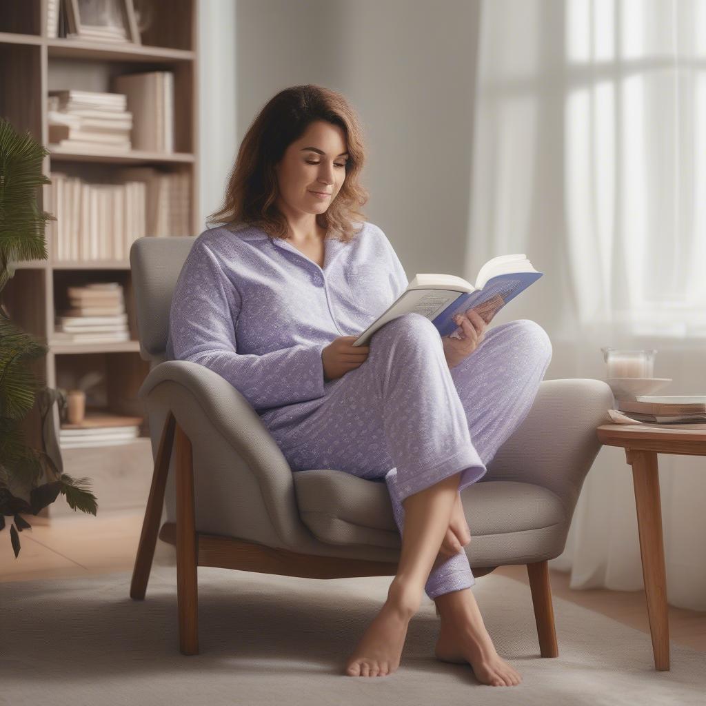 A woman relaxing in comfortable pajamas