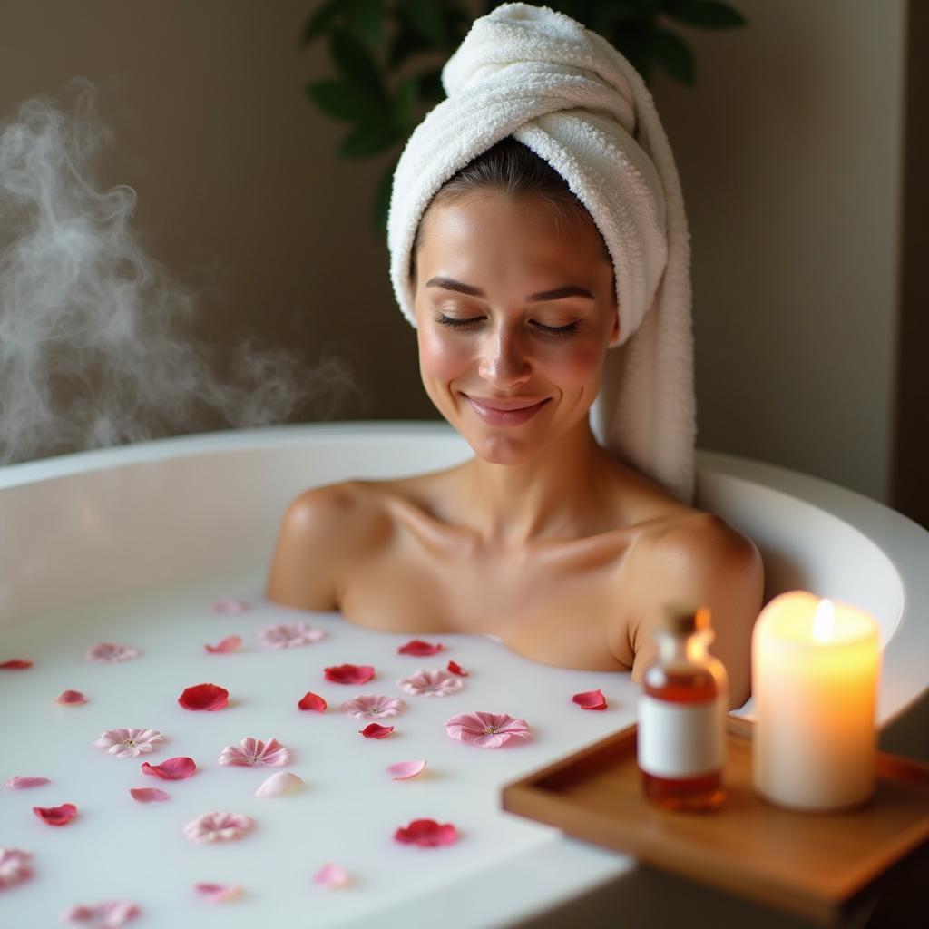 Woman Relaxing in a Bath with Luxury Bath Oil