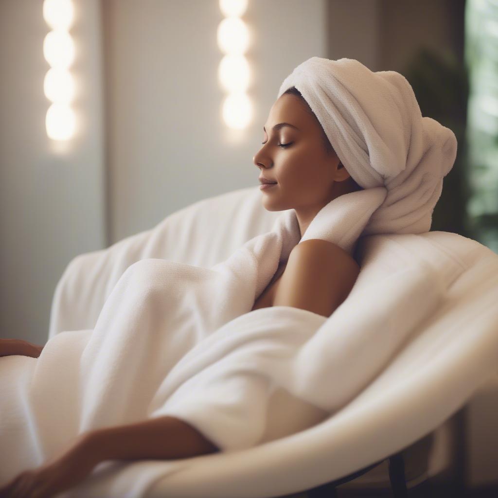 A woman relaxing during a head wrap spa treatment.