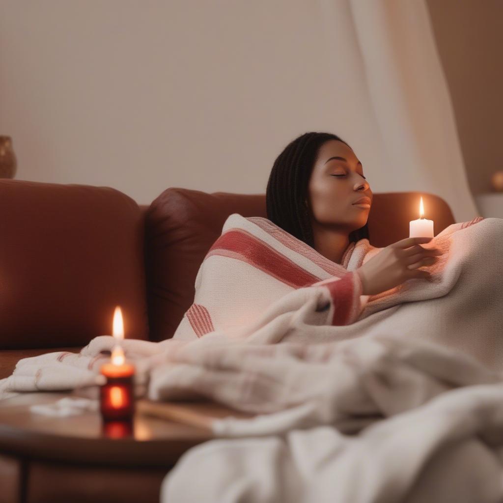 A woman relaxing with a red amber and cedar candle