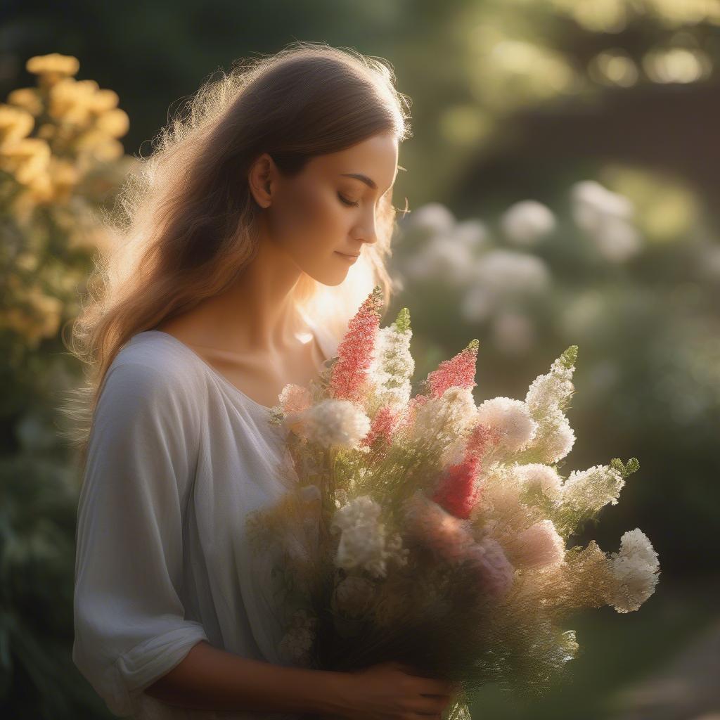 Woman Smelling Flowers in a Garden