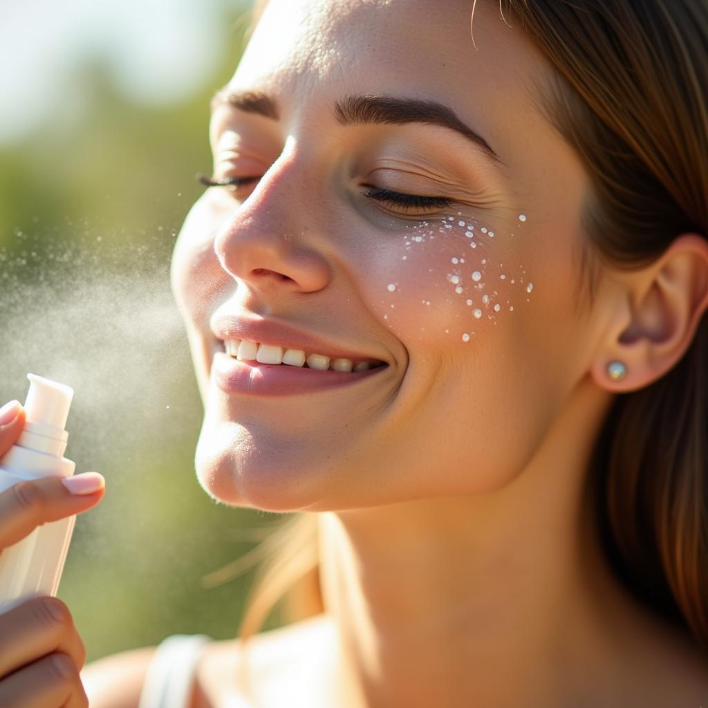 Woman spraying cooling face mist on her face