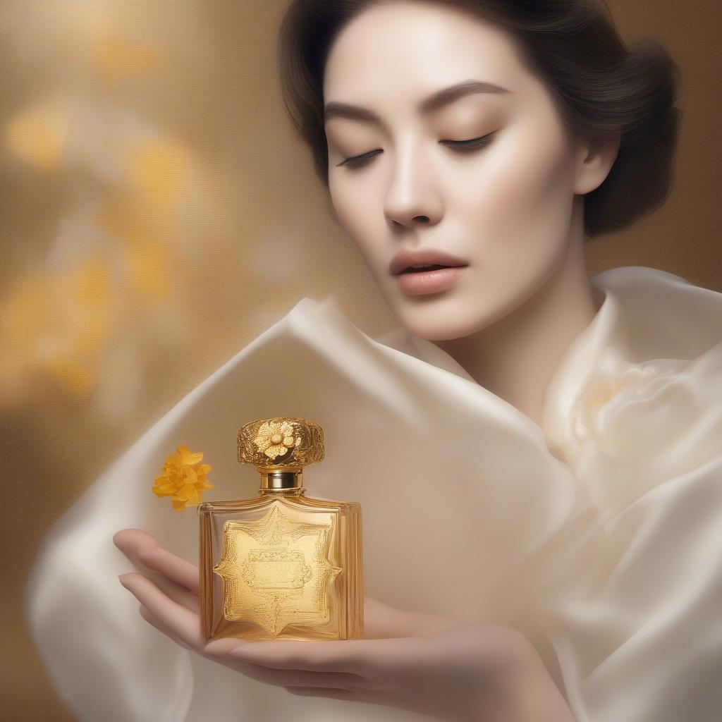 A woman testing a golden flower perfume