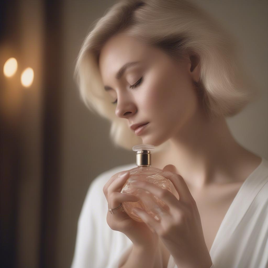 A woman with fair skin testing a perfume on her wrist.