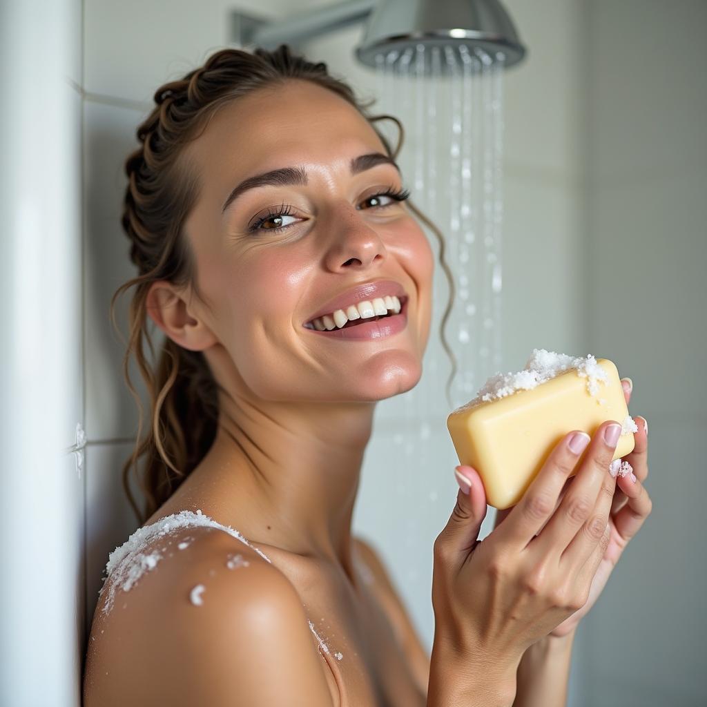 A woman using bar soap in the shower.