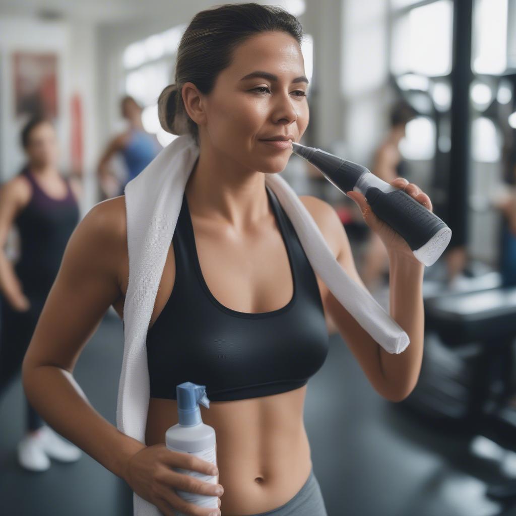 Woman using cooling spray after workout