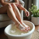 Woman Using Foot Scrub Set at Home