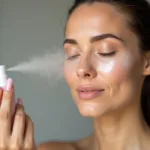 Woman applying makeup primer spray