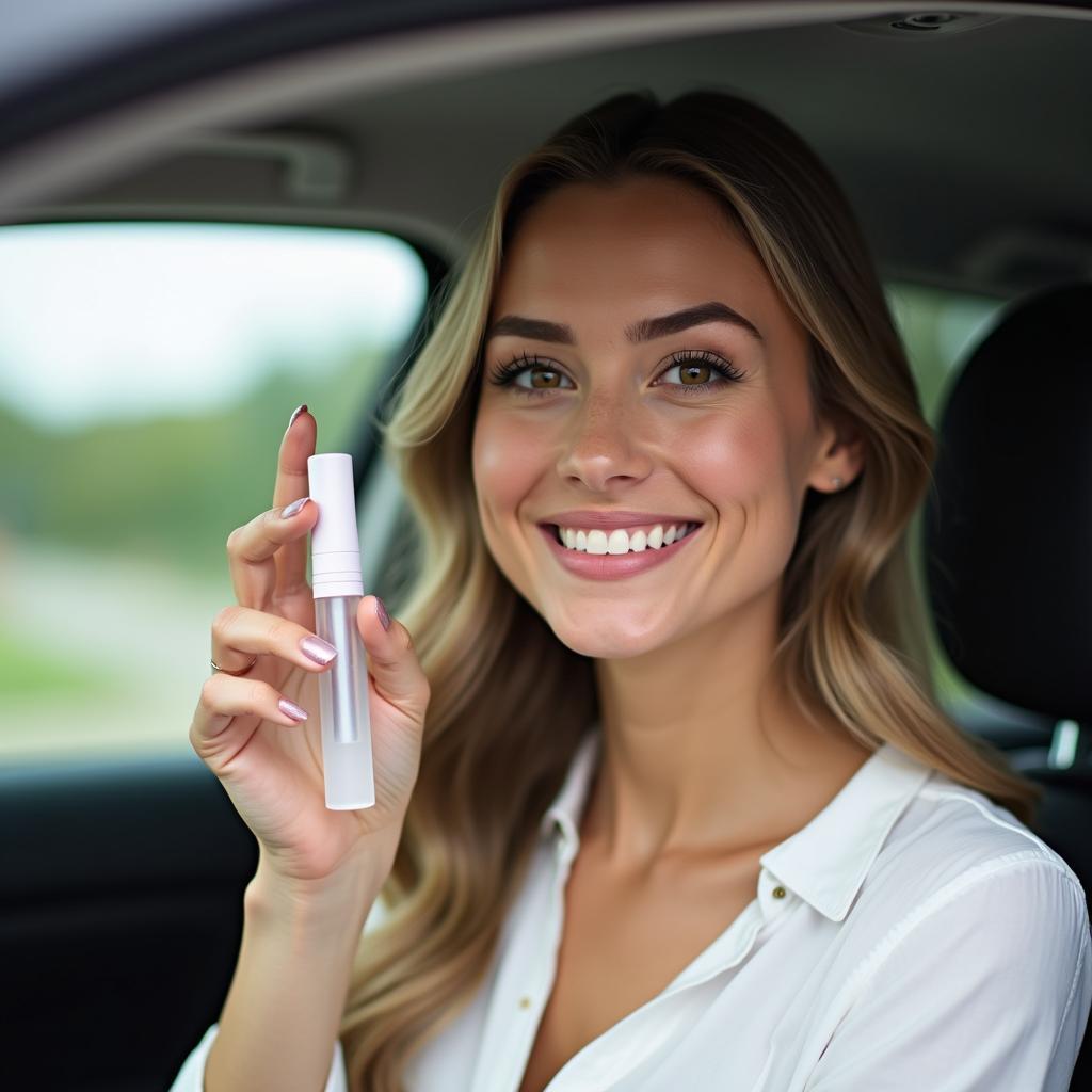 Woman Using Micellar Water Pen in Car