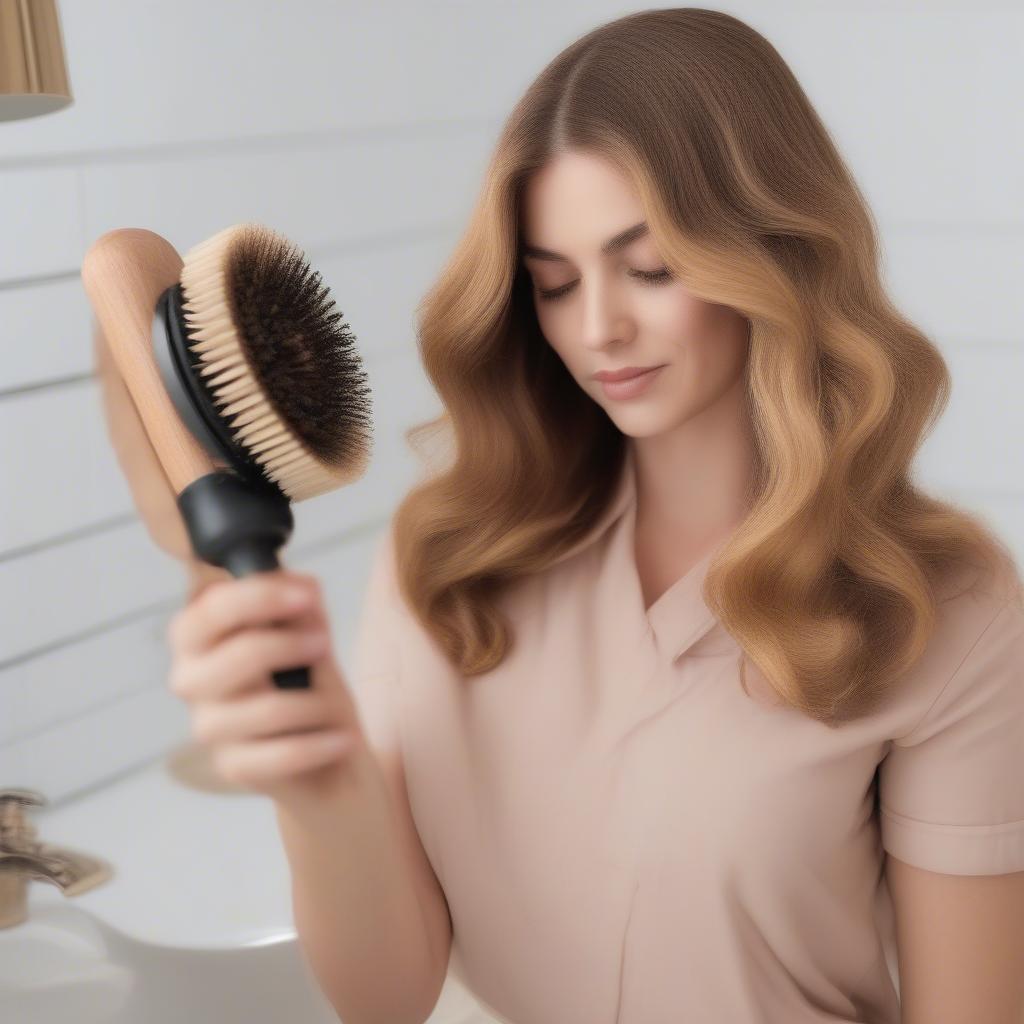 Woman Using a Round Wood Hair Brush