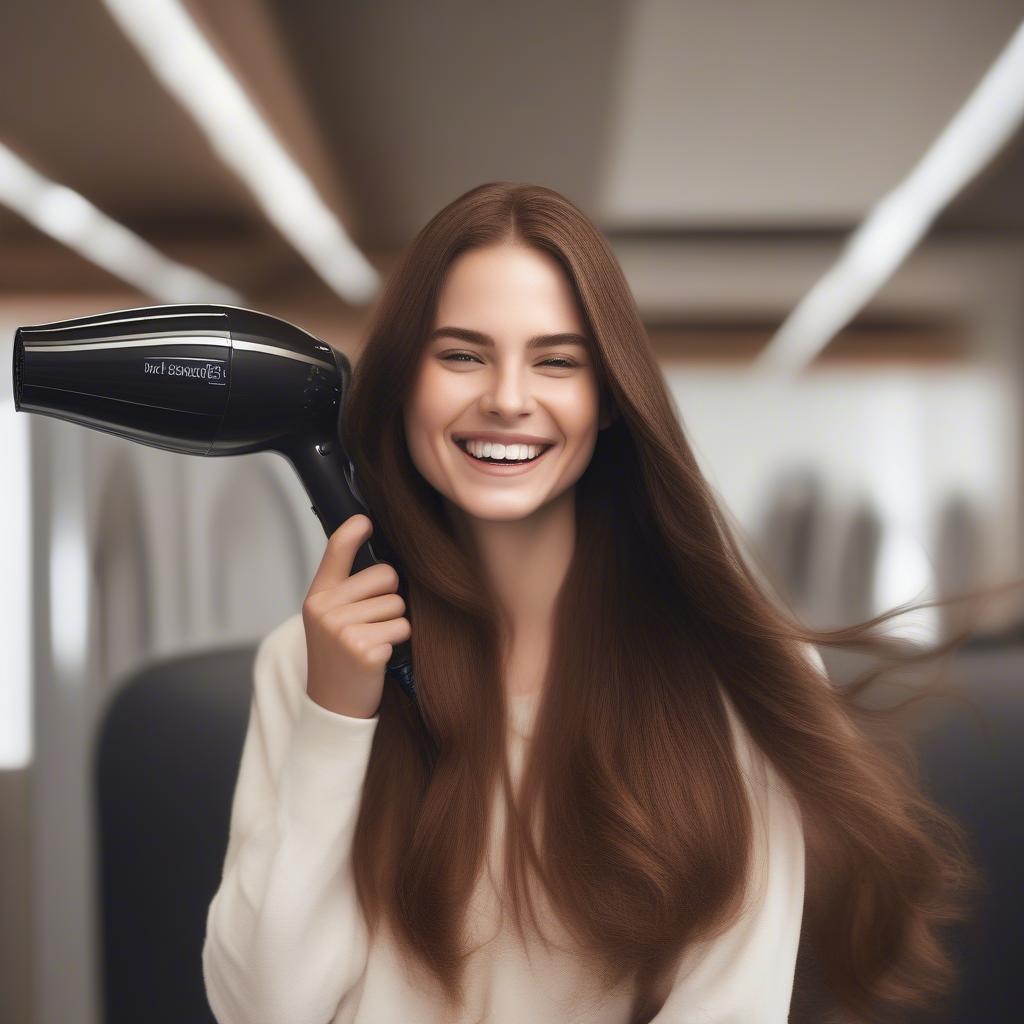 A woman using a velocity dryer to style her hair