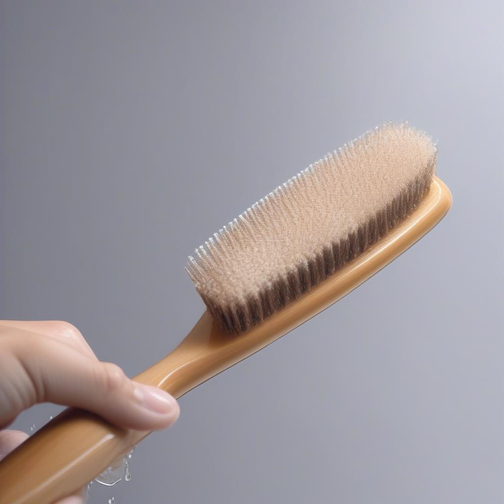 A woman gently using a wet paddle brush on damp hair