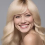 A woman smiling while wearing a long, blonde wig.