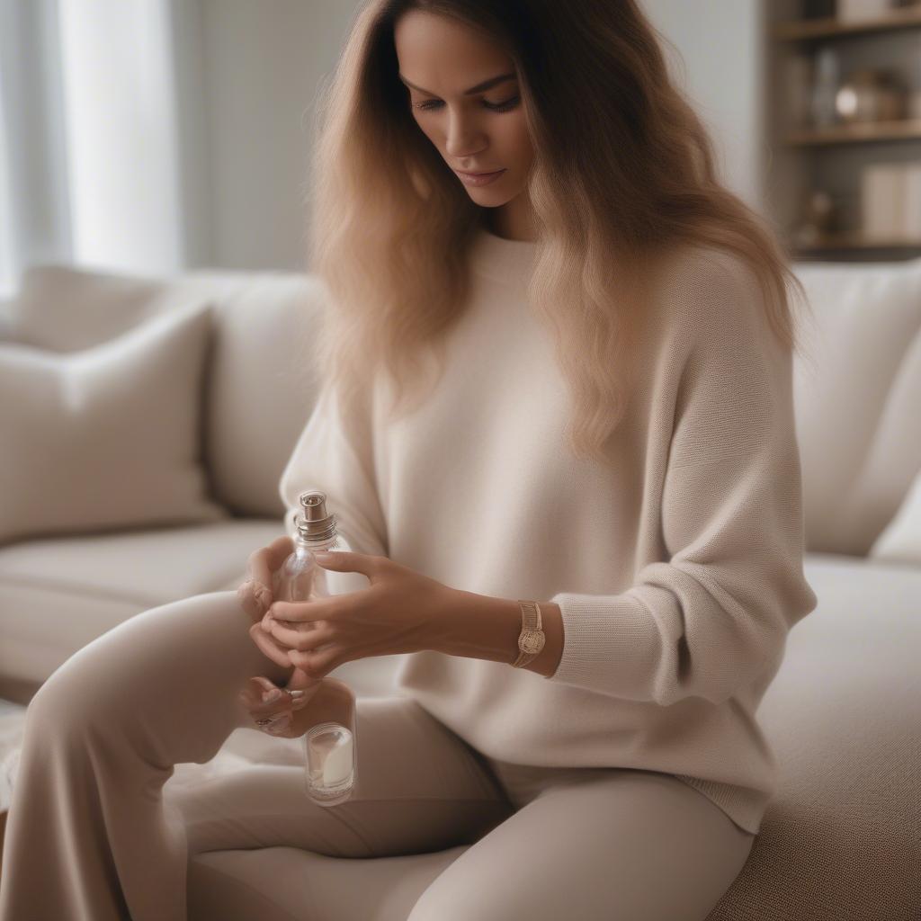 Woman Applying Perfume While Wearing a Cashmere Sweater