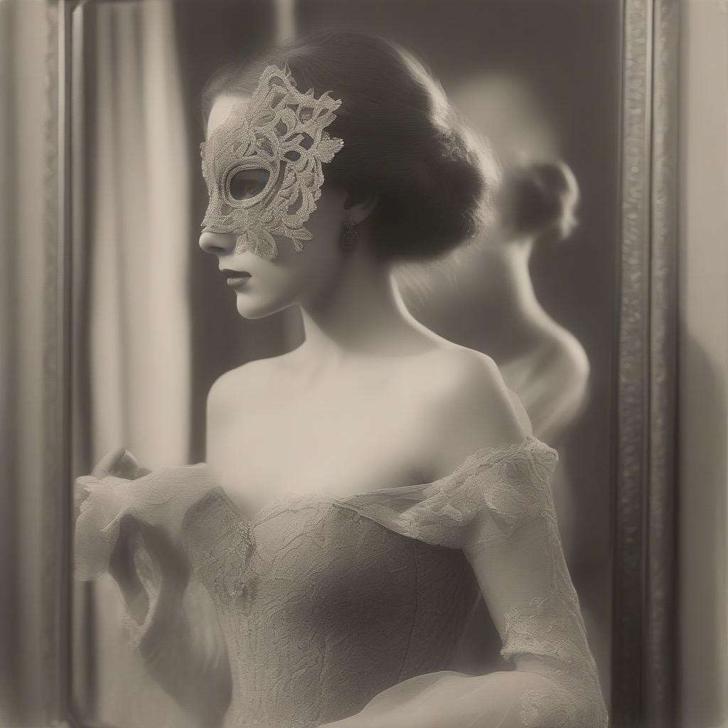 Woman in an evening gown wearing a lace mask