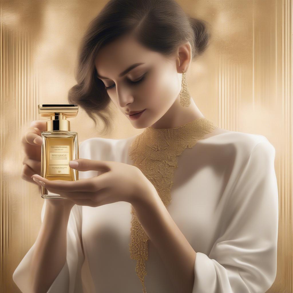 A woman elegantly dressed, applying Memories Gold perfume to her wrist