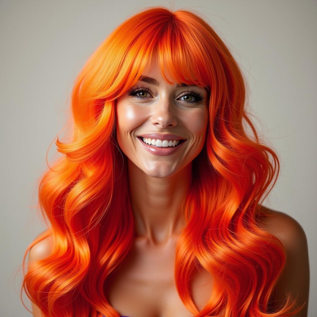 Woman Confidently Wearing an Orange and Red Wig