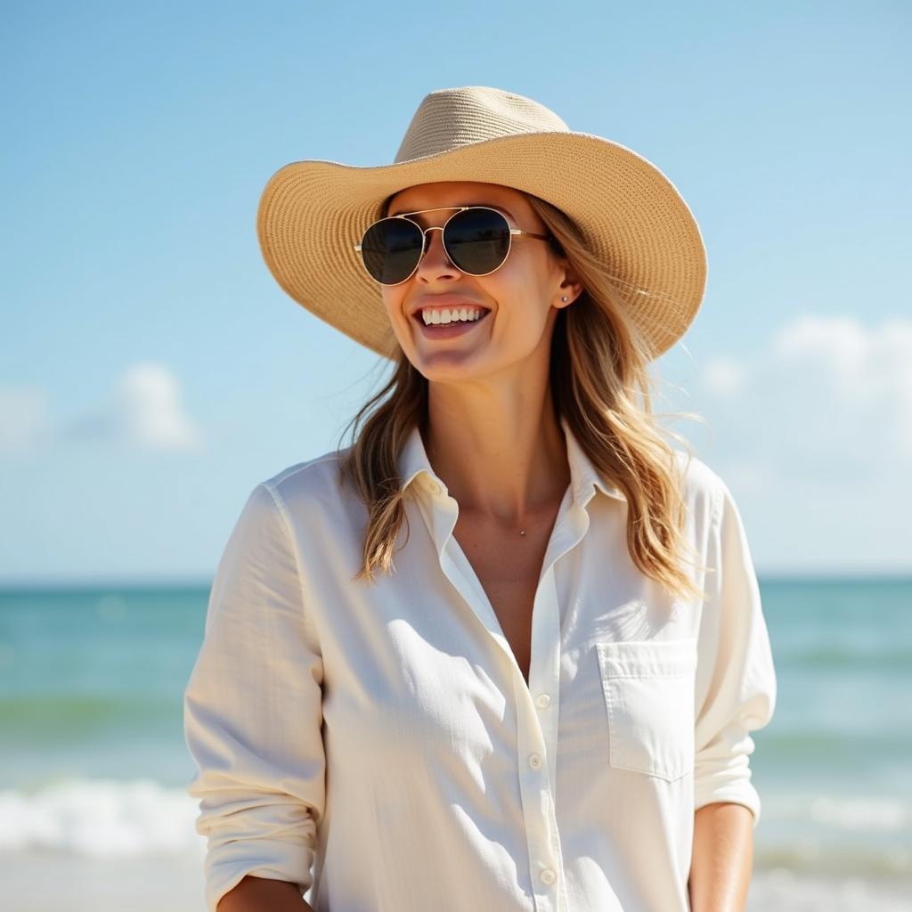 Woman wearing sun-protective clothing