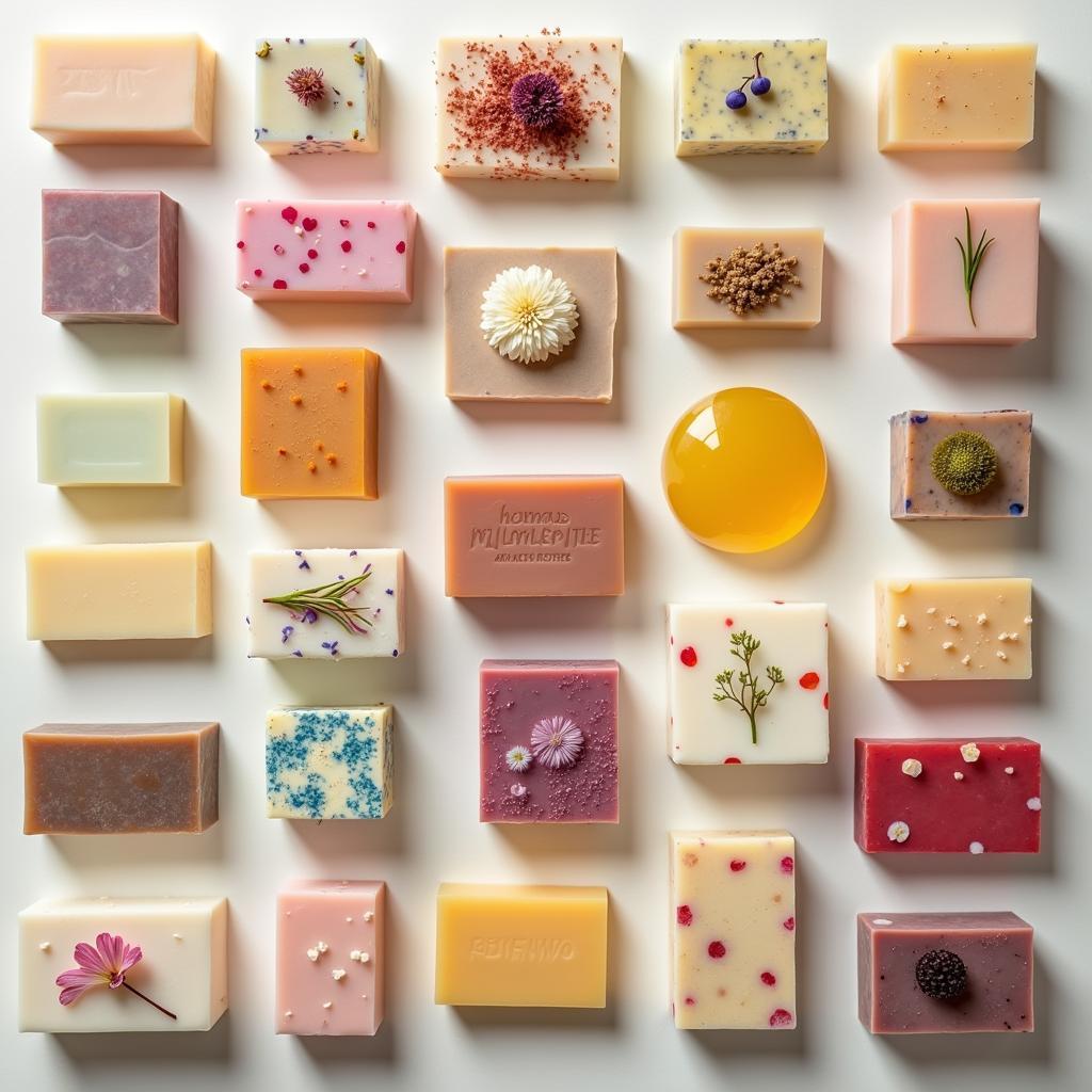 A variety of colorful and fragrant women's bar soaps.