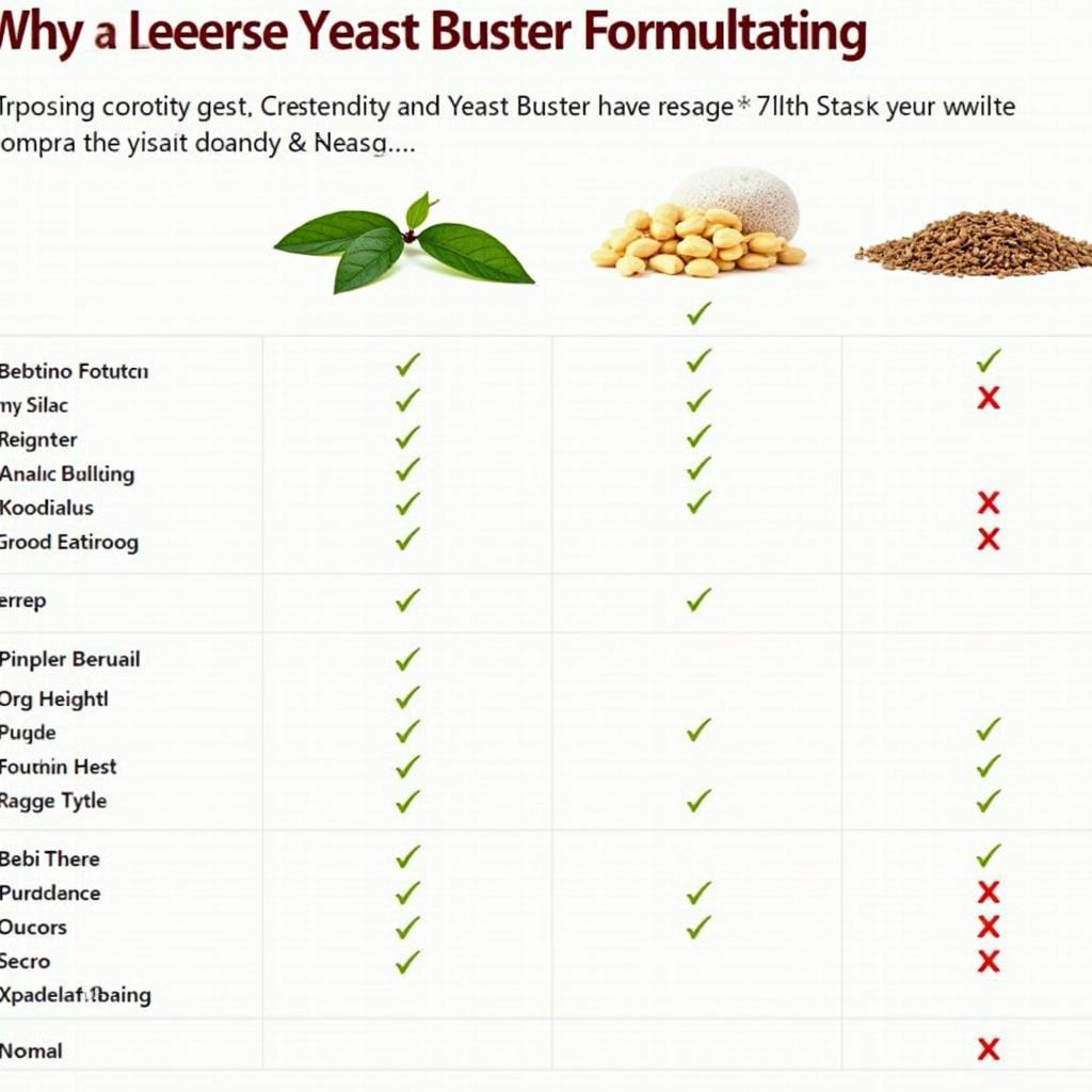 Comparison chart of different Yeast Buster formulations and their ingredient lists.