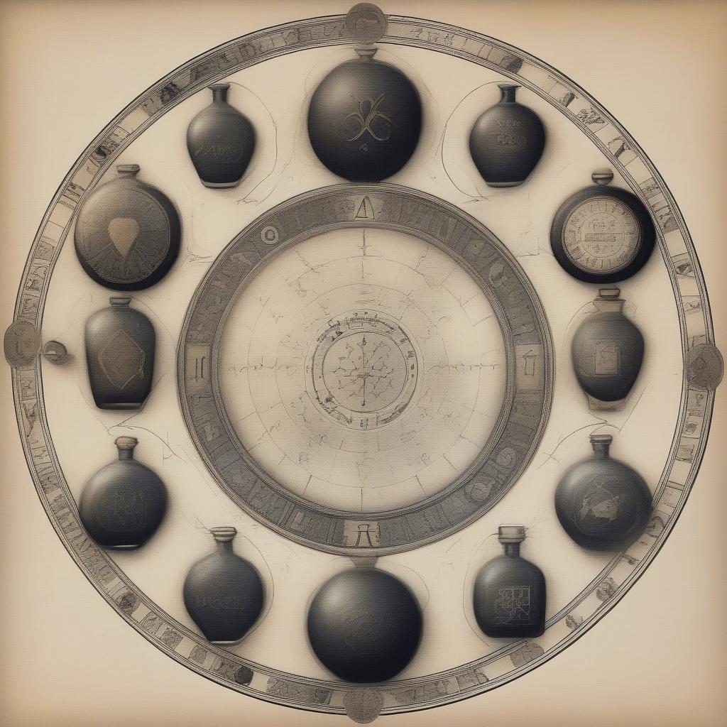 Zodiac wheel with moon black perfume bottles representing different signs.