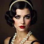 Glamorous 1920s makeup: Dark, smoky eyes, bold red lips, and a pale complexion create the iconic flapper look.