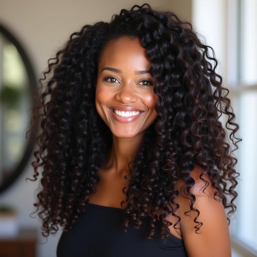 African American Woman with Long, Curly Hair Extensions