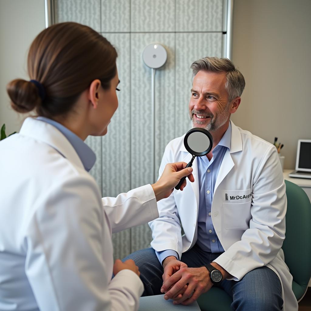 A dermatologist consulting with a patient about their skin