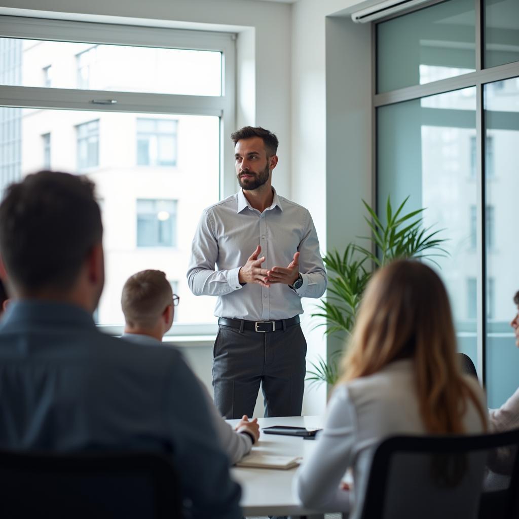 Image of a person giving a presentation, representing career advancement and new opportunities