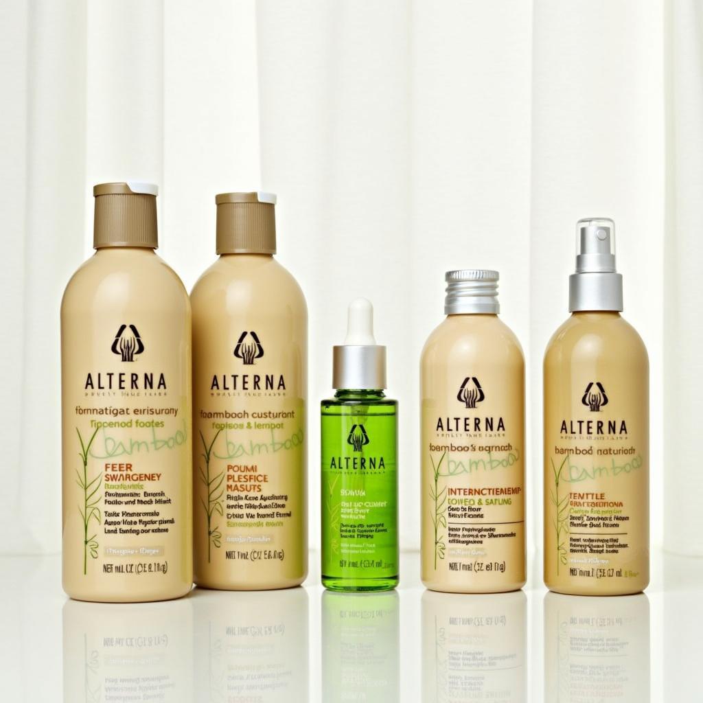 Close-up of Alterna Bamboo hair products on a wooden shelf.