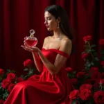 Red Perfume Symbolism: A woman in a red dress holding a perfume bottle, surrounded by red roses and a rich, velvet backdrop.