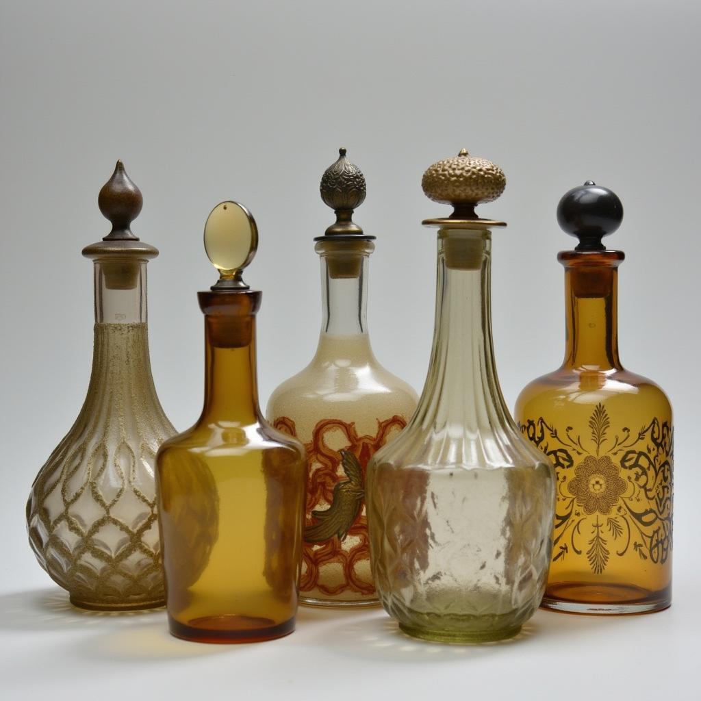 Antique glass perfume bottles with ornate details and vintage charm.