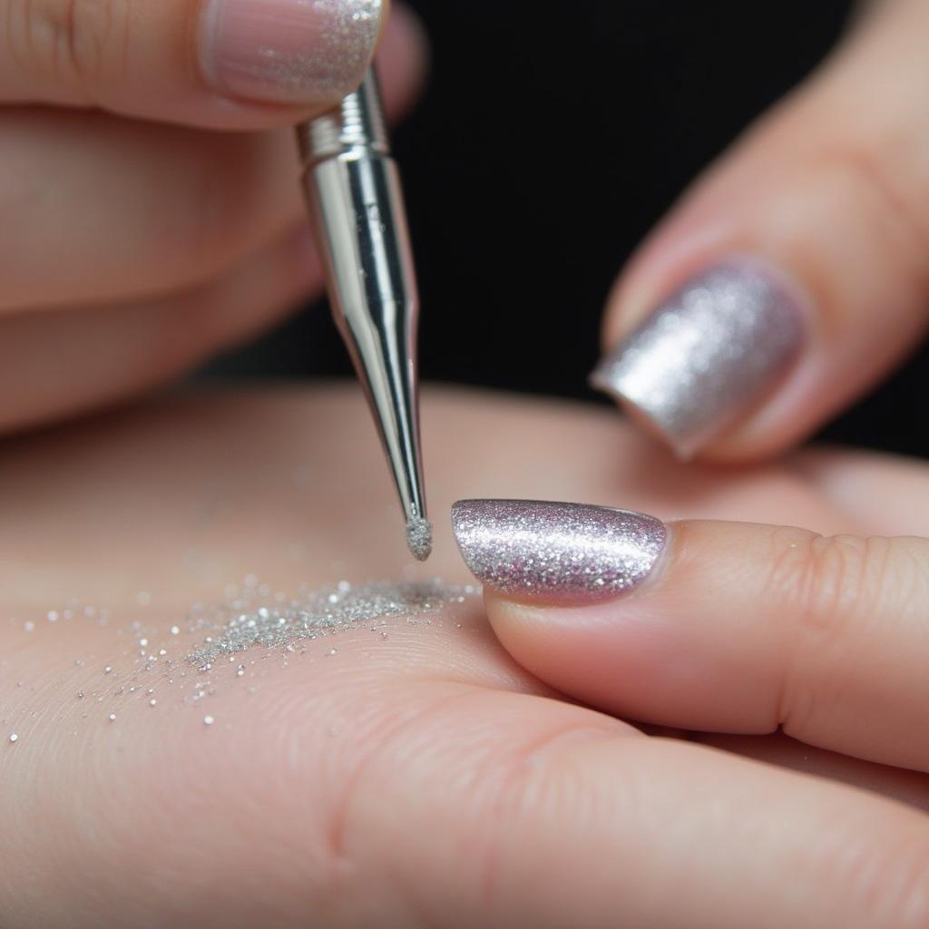 Applying glitter acrylic powder to a nail using a brush.