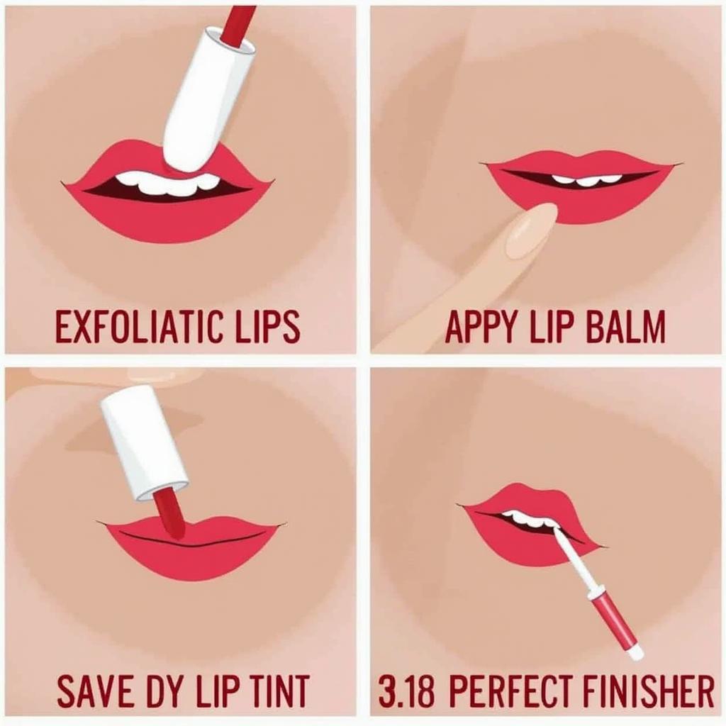 Step-by-step application of brick red lip tint