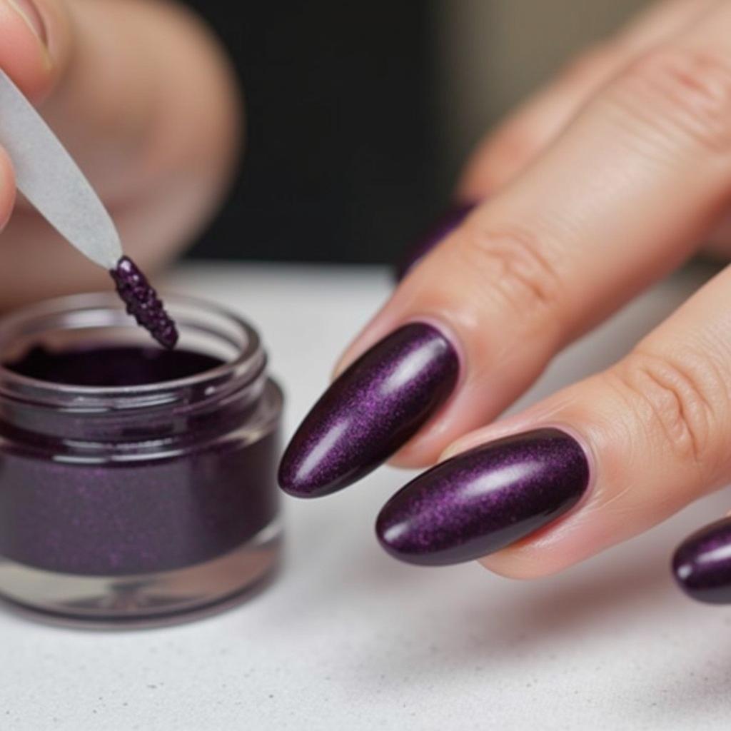 Applying dark purple dip powder onto natural nails using the dipping technique