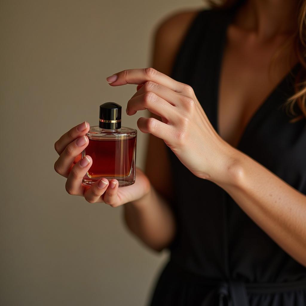 A woman applying deep amber perfume to her wrist.