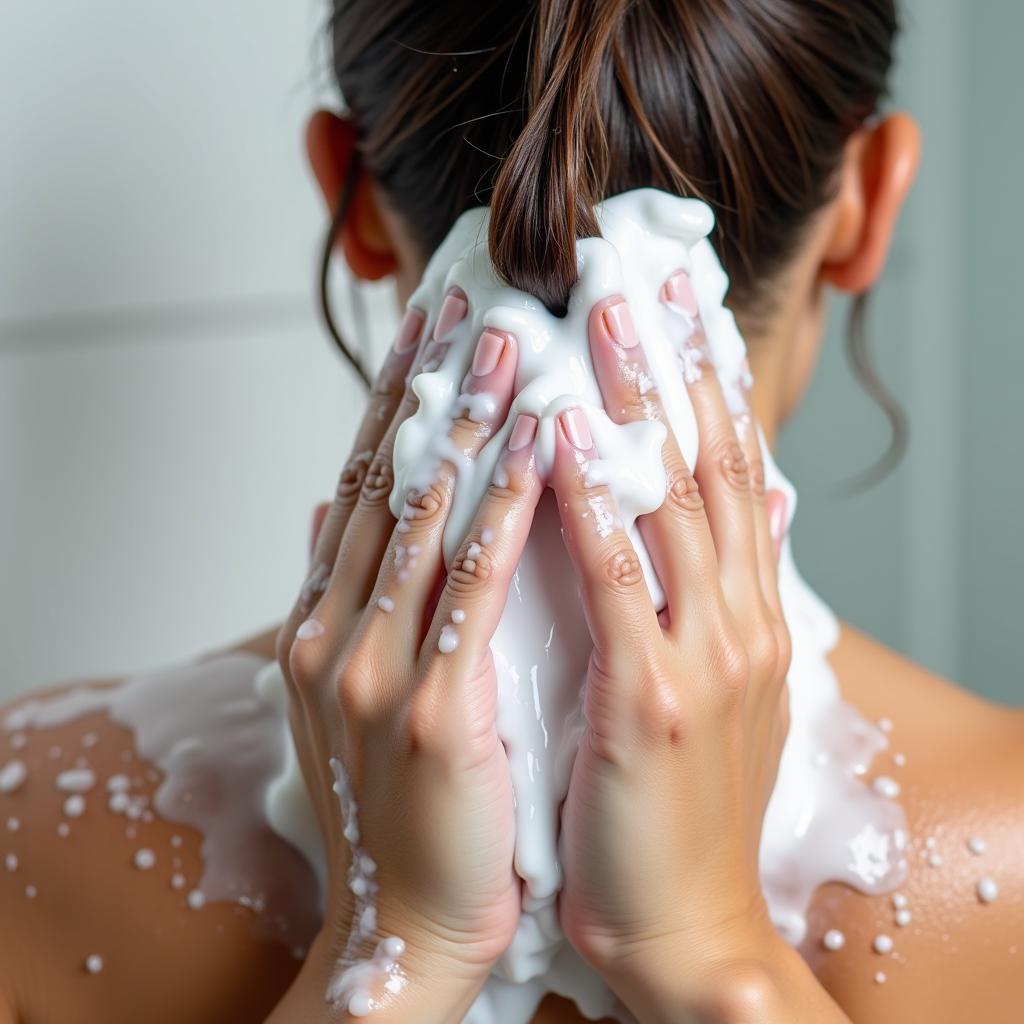 A person applying hair whitening shampoo in the shower