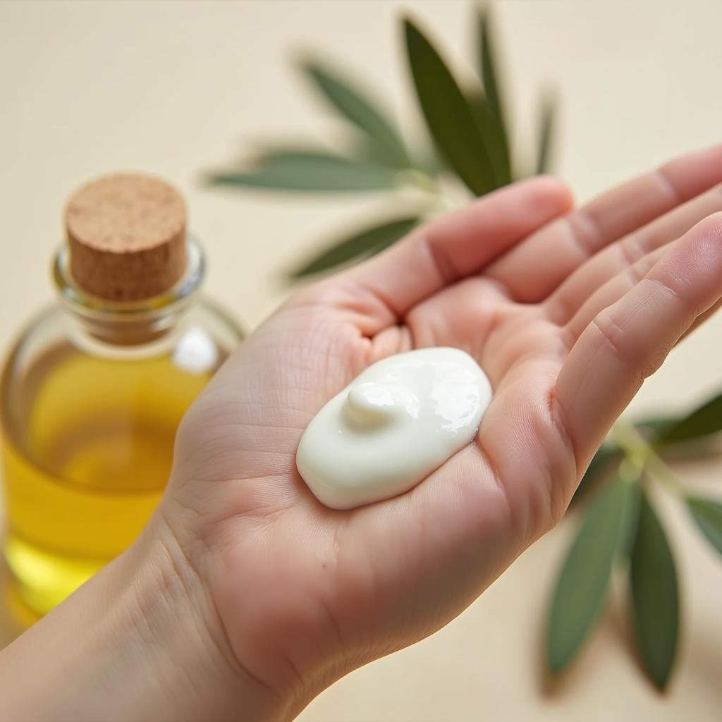 Applying olive oil lotion to hand