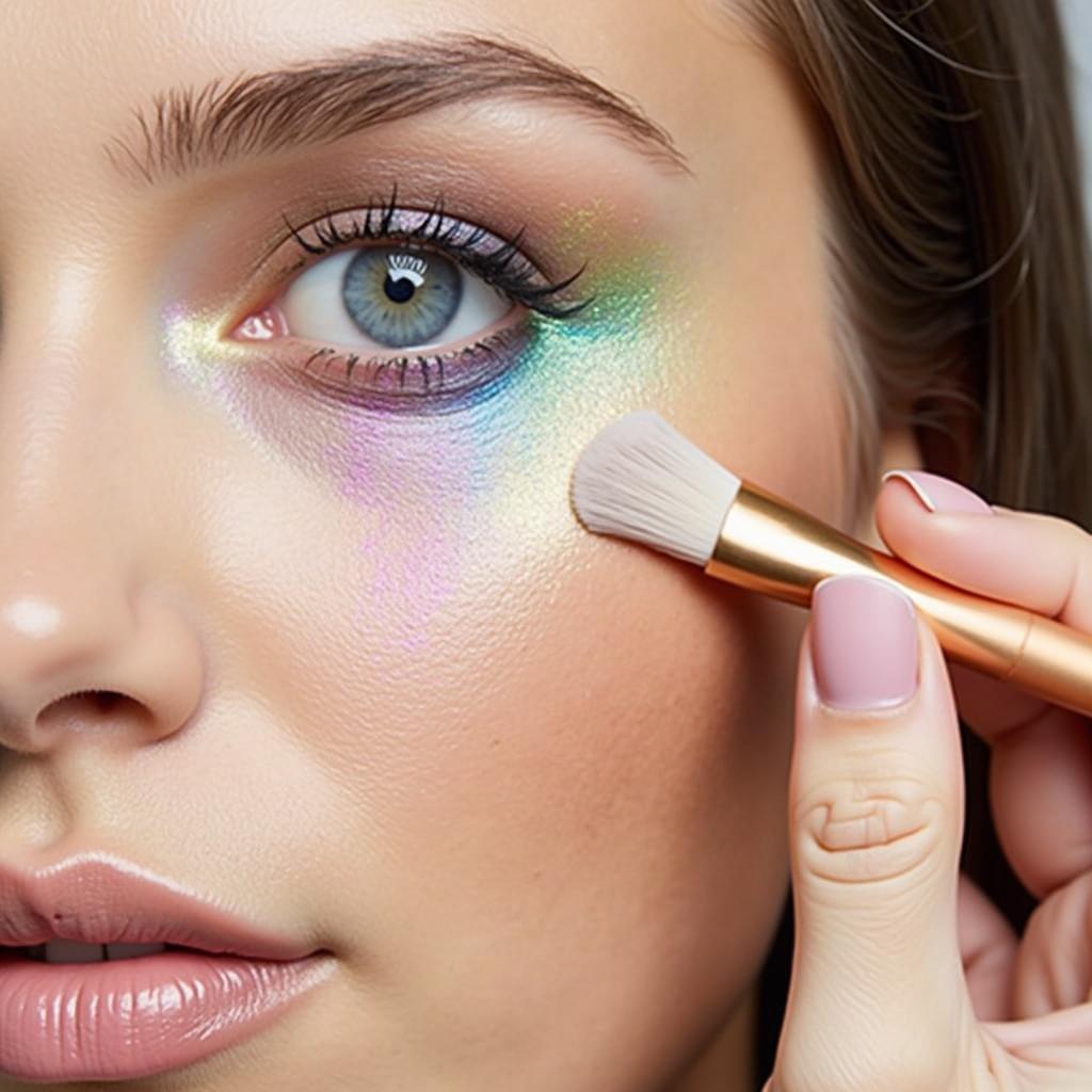 Applying rainbow highlighter to the cheekbone using a fan brush