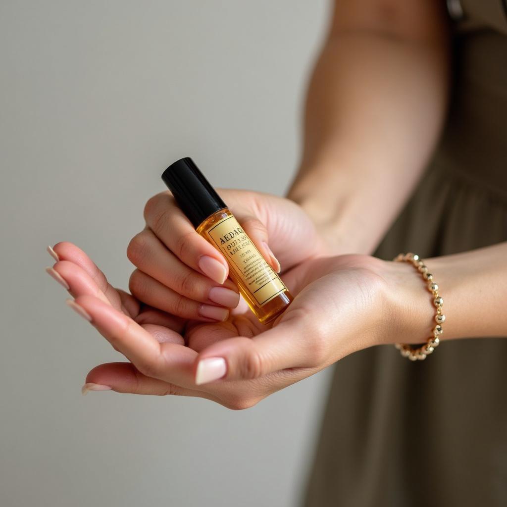 A woman applying roll on perfume to her wrist