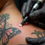 A person applying tattoo aftercare balm to a freshly inked tattoo.