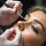 A lash technician applying white eyelash extensions, demonstrating the delicate and precise process.